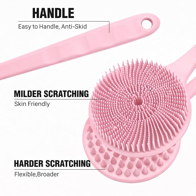 Silicone Body Scrubber for Shower Men Women – Dual-Sided Exfoliating & Massage Shower Brush with Long Handle, Creates Rich Lather, Includes 1 Hook & 2 Lather Balls (Pink).