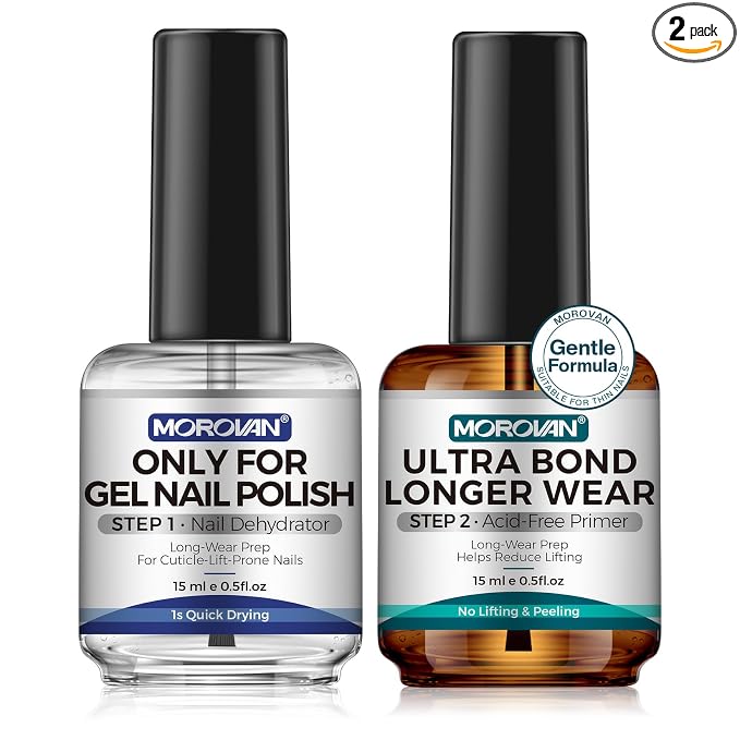 Morovan Gel Nail Primer and Dehydrator: Professional Prep for Gel Polish | Hema-Free Prep Dehydrate for Anti-Lifting | Acid-Free Bond Primer for 28+ Days Long Lasting Adhesion | 15ml Nail Supplies Kit