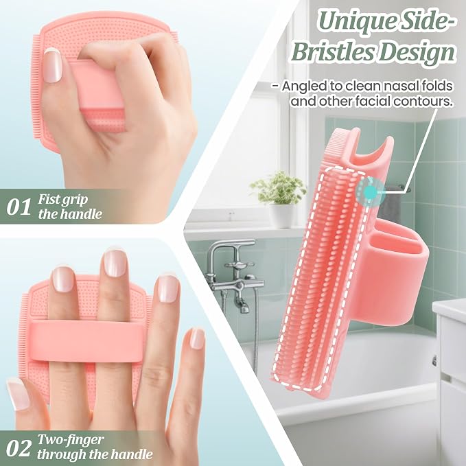 Silicone Back/Body/Face Scrubber & Scalp Massager Set 5PCS, 13.4'' Soft Back Scrubber, 360° Anti-Slip Bath Glove, Unique Side-bristled Face Scrubber, Shampoo Brush for All-Round Cleaning(Pink)