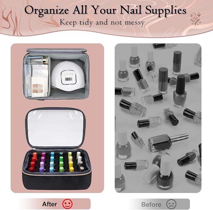 YOREPEK Nail Polish Organizer Bag Holds 48 Bottles (15ml/0.5 fl.oz) UV lamp | Nail Organizers and Storage with 2 Removable Pouches Fits Nail Supplies, Nail Tech Bag Gifts for Manicurist