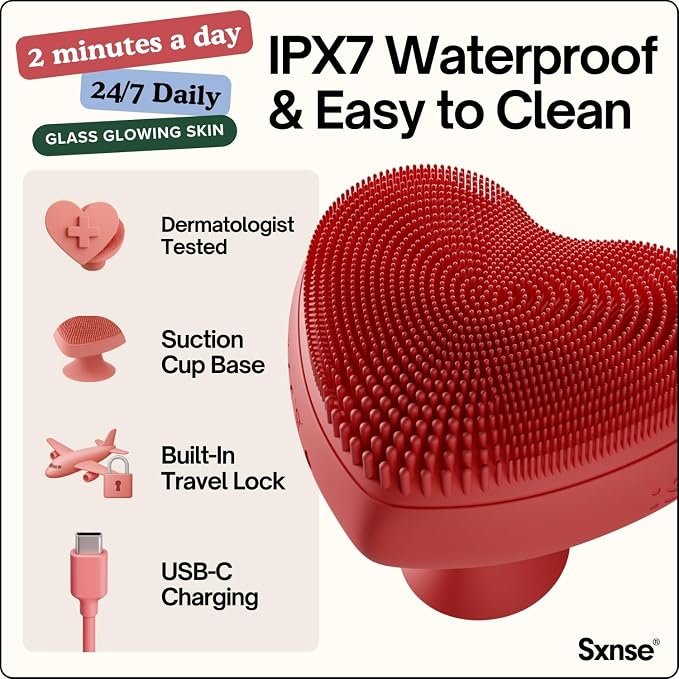 Heart Face Clean Pro⁺ - Electric Silicone Facial Scrubber for Acne with 7000+ Sonic Pulses - IPX7 Waterproof Rechargeable Exfoliator with Slip-Free Grip, 3 Speed Settings & Phthalate-Free - Cherry