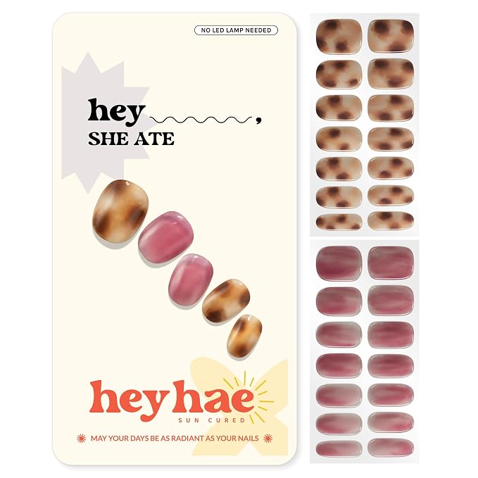 Heyhae Semi Cured Gel Nail Strips Salon Quality - Hey, She Ate | No UV Light Needed | Salon Quality, Easy Apply & Remove | 28 Strips, 1 Prep Pad, Nail File, Wooden Stick | Pink Marble