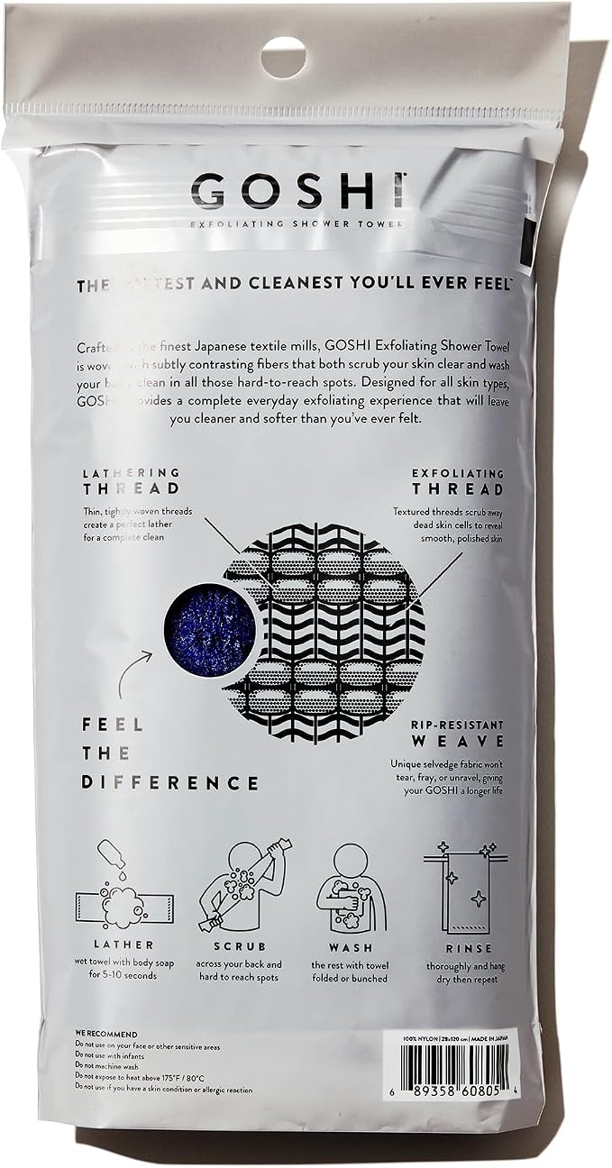 GOSHI Exfoliating Shower Towel - Long Body Scrubber, Blue | For back acne, KP & smooth skin, durable quick dry nylon washcloth, ethically crafted in Gunma, Japan