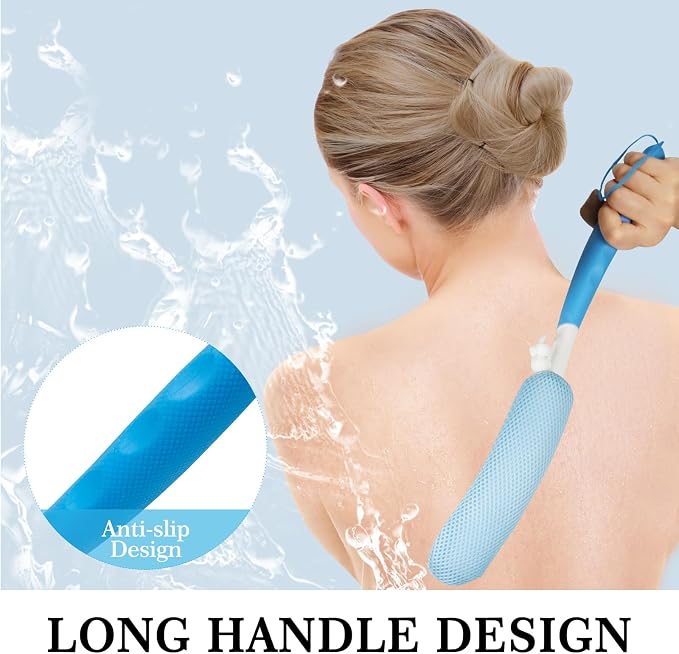 Back Scrubber for Shower,15.35" Long Handle Shower Brush for Body | Back Brush for Shower for Men Women, Long Handled Bath Sponge for Deep Clean,Exfoliating,Anti-Slip Curve Handled