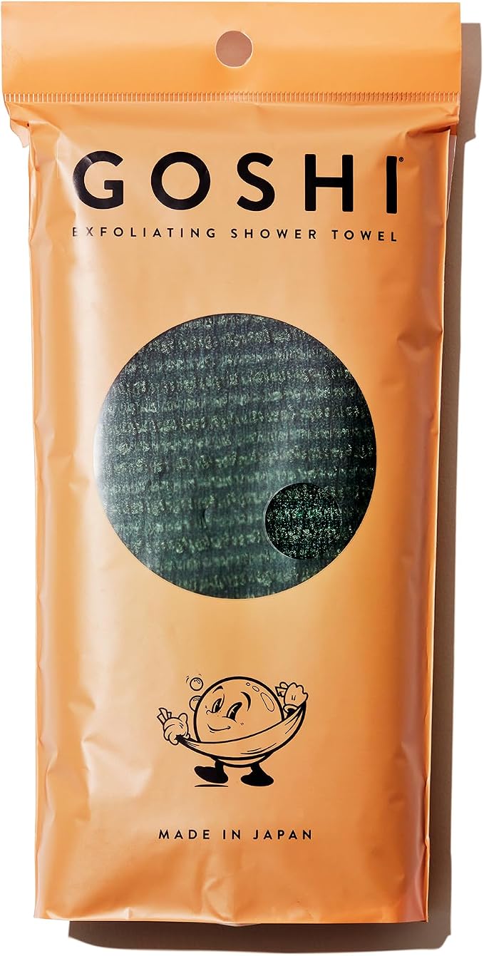 GOSHI Exfoliating Shower Towel - Long Body Scrubber, Green | For back acne, KP & smooth skin, durable quick dry nylon washcloth, ethically crafted in Gunma, Japan