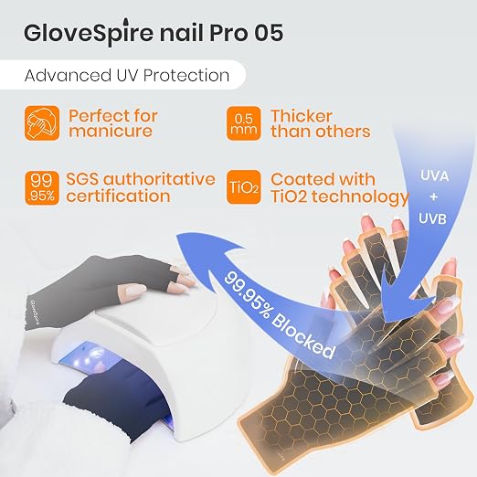 Thickened UPF50+ UV Gloves for Nails, One Size, Black | Fingerless, Sun & UV Protection, Thickened Stretch Fabric, 2 Sizes for a Better Fit, Included Storage Pouch, Home & Salon Use