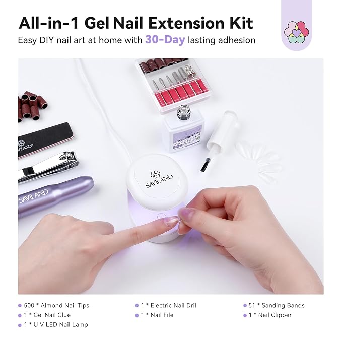 SAVILAND Pro Gel Nail Kit with Drill: Short Almond Tips 12 Sizes Gel Nail X Kit 500 PCS Strong Nail Glue U V Nail Lamp for Nail Extension Salon DIY Home Gift for Women | 500 short almond tips in 12 sizes, 20,000 RPM drill, 4-in-1 glue gel, mini lamp, p...