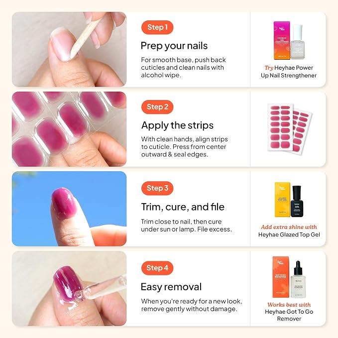 Heyhae Semi Cured Gel Nail Strips Salon Quality - Hey, Cute as a Button | No UV Light Needed | Salon Quality, Easy Apply & Remove | 28 Strips, 1 Prep Pad, Nail File, Wooden Stick | Purple Jelly