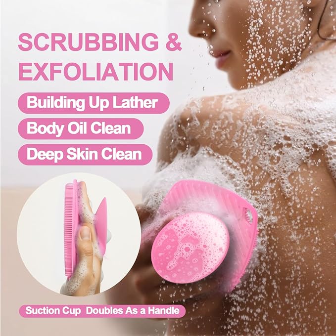 Silicone Body Scrubber, Bath Brush,Gentle Texture Exfoliating Body Scrubber for Men and Women On Sensitive Skin, Soft Scrubber Builds Up Lather, Getting a Deep Skin Clean (Pink)