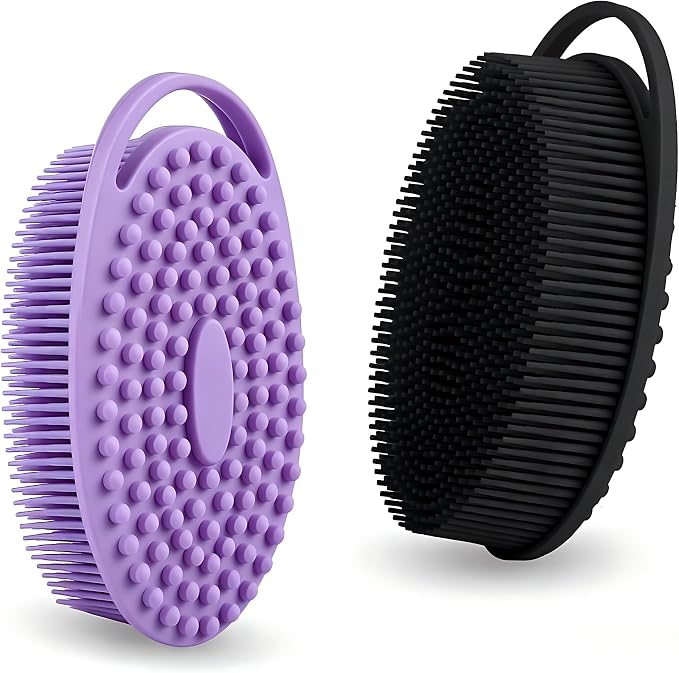 2 Pack Silicone Body Scrubber, Exfoliating Shower Scrubber for All Skin | 2 in 1 dual-sided design, soft bristles and massage bumps side, fast-drying, non-slip handle, for women and men, Black+Purple