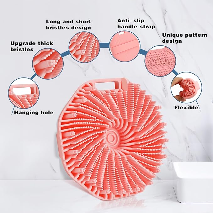 Silicone Body Scrubber, 2 PCS Exfoliating Body Scrubber, Silicone Loofah Bath Brush with Hand Strap, No-Slip Handheld Body Wash Brush Scrubber Shower Cleaning for All Skin Types(Black & Pink)