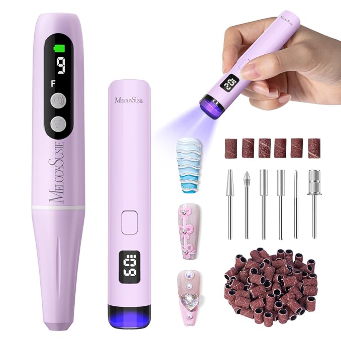 MelodySusie PC90G Cordless Nail Drill & P-Art01R Handheld UV Lamp | Starter Kit for Manicure, Acrylic Nails & Gel Polish, Portable for Home, Salon & Travel, Beginner Essential Set Purple