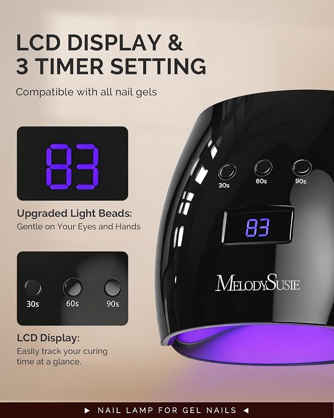 MelodySusie Detachable Base UV/LED Nail Lamp P-Plus30I for Hard Gel | 54W, 3 Timer Settings, Smart Sensor, LCD Display, 30 UV/LED Beads, Rhinestone Glue, Solid Nail Glue Gel, Liner Gel, Black