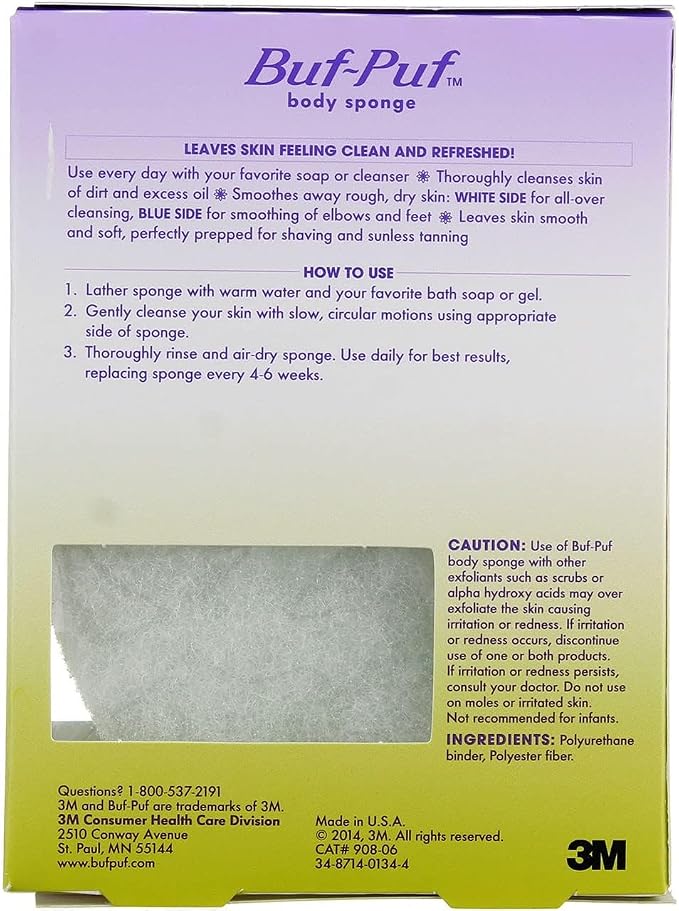 Buf-Puf Body Sponge, Bath Sponge, Dermatologist Developed, Cleanses Skin of Dirt, and Excess Oil, Reusable, Exfoliating, 6 Count