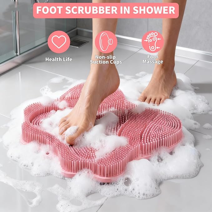 Foot Scrubber in Shower, Shower Foot Scrubber Mat,Silicone Body Scrubber,Back Scrubber with Suction Cups,Shower Body Deep Cleaning Foot Brush Exfoliating Massage Cleaner(Pink)