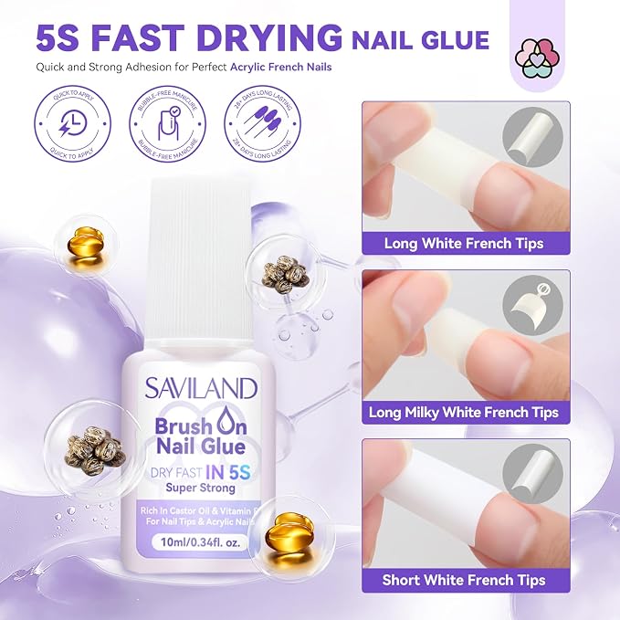 SAVILAND Acrylic Nail Kit, Keratin Acrylic Powder with French Tips | Complete tools everything for beginners, castor oil nail primer glue french tips rhinestones, DIY home salon