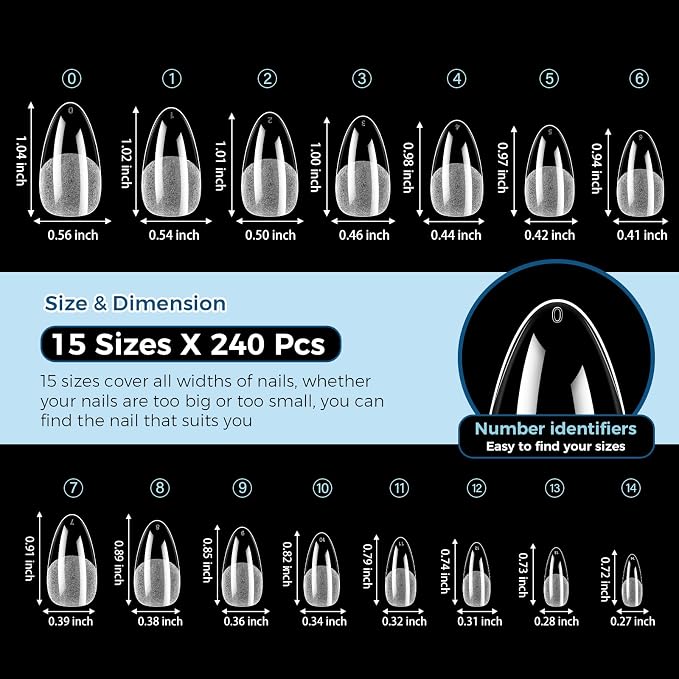 TOMICCA Medium Almond Nail Tips, 240pcs 15 Sizes, Soft Gel Tips | Half Matte Pre-Shaped Full Cover Clear Fake Nails, Acrylic Press on Nails for Extension, Beginners and Professional Salon