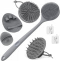 Manmihealth Silicone Body Scrubber & Scalp Massager 5PCS Set Style 1 Gray | Super-Exfoliating Back Scrubber Shower Brush & Shampoo Brush Combination, with 2 Free Hooks