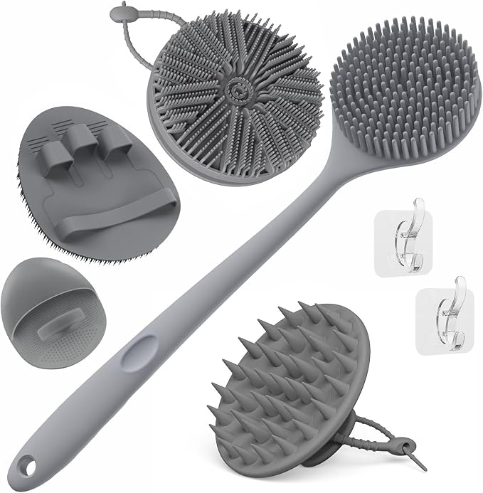 Manmihealth Silicone Body Scrubber & Scalp Massager 5PCS Set Style 1 Gray | Super-Exfoliating Back Scrubber Shower Brush & Shampoo Brush Combination, with 2 Free Hooks