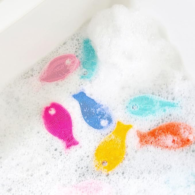 Innobaby Bathin' Smart Silicone Bath Scrub for Babies Toddlers and Adults in Double Sided Sensory Fish Shape, Gently Exfoliate Face and Body, Made with Quick-Dry Food Grade Silicone- Orange/Yellow