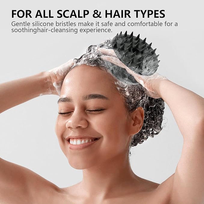 2 in 1 Shower Brush, BEAUTAIL Silicone Body Scrubber & Scalp Massager | Dual-Sided Bath Brush for Deep Cleansing & Dandruff Removal, Gentle Exfoliator for Sensitive Skin, Women, Men & Kids (Black)