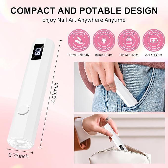 Cordless Mini Nail Lamp 【Skin-Safe Curing】 Portable Handheld UV Light for Gel Nails Rechargeable, Fast Flash Cure LED Nail Dryer for Polish, Nail Strips Salon Home Travel with Stand, White