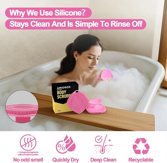 Silicone Body Scrubber, Bath Brush,Gentle Texture Exfoliating Body Scrubber for Men and Women On Sensitive Skin, Soft Scrubber Builds Up Lather, Getting a Deep Skin Clean (Pink)