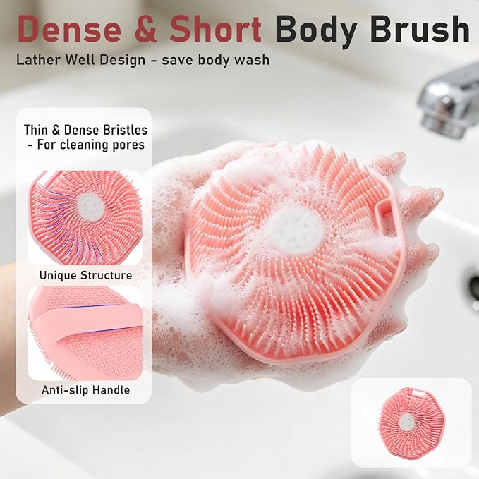 Back Scrubber for Shower 2 Pack, Silicone Scrub Brush with Long Handle & Unique Soft Body Scrubber, Detachable Body Brush Shower Lather Well Deep Clean Exfoliating for Women Men Sensitive Skin Gy&Pk