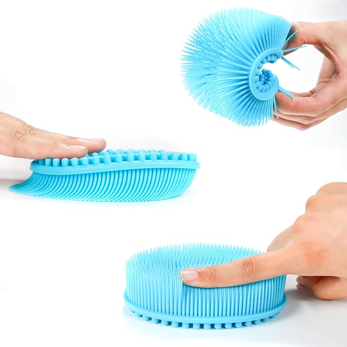 Silicone Body Scrubber Loofah Set of 3 (Black/Gray/Blue) | Soft Exfoliating Bath Shower Brush for Sensitive Skin, Kids Women Men All Skin Types