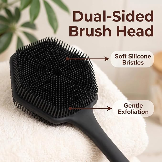 Silicone Back Scrubber & Face Scrubber Set,2Pcs Body Exfoliator | 17-Inch Long Handle with Bath Puff,Soft Exfoliating Brush for Back & Face,Deep Cleanse for Men Women Skin