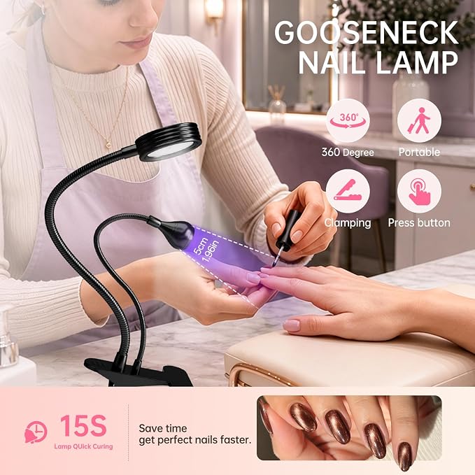 UV Nail Lamp with LED Lighting Fixtures, Single Nail Dryer | UV Light for Gel Nails, Flash Cure Nails Lamp, Gooseneck Clamp Home and Salon, 395+400nm Black