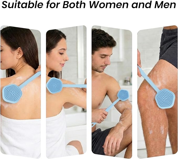 Redfly Silicone Back Scrubber for Shower Brush, 17 inch Long Handled Silicone Body Scrubber for Men & Women, Double Sided Shower Scrubber for Body Brush Exfoliator and Massage, Blue