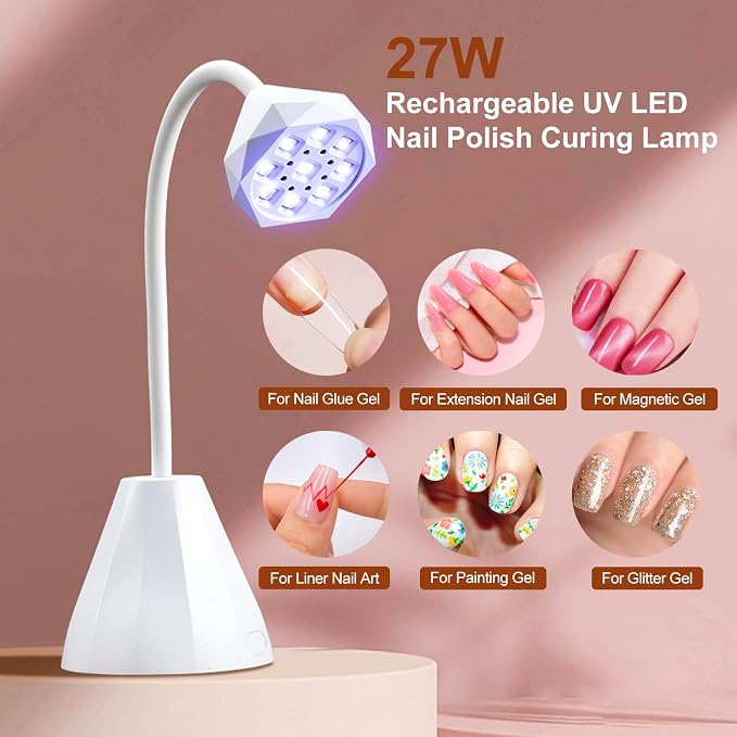 LED UV Nail Lamp Rechargeable 27W Mini UV Light for Gel X Nails Extension,Cordless Portable Nail Dryer 360°Rotatable Gooseneck Polish Curing Lamp with 2 Timer,Hands Free Flash Cure Light for Nail Art