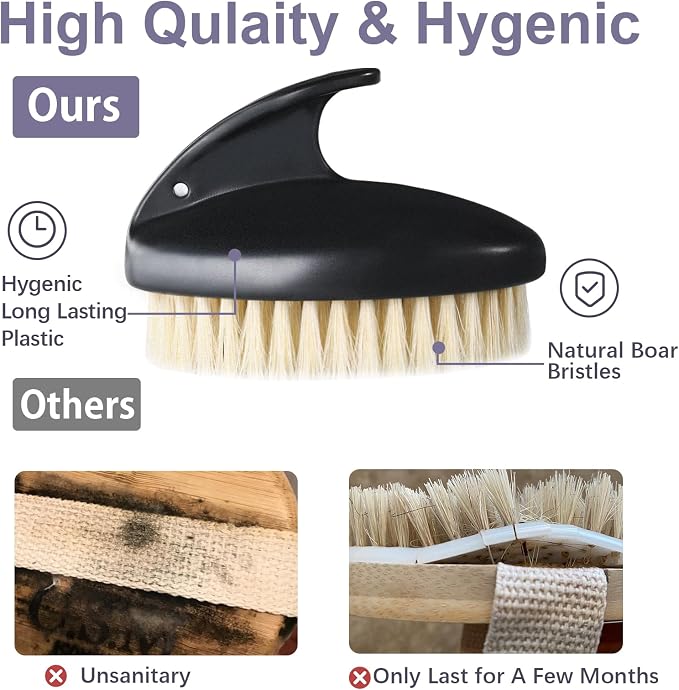 Dry Brushing Body Exfoliating Brush, Anti-Slip Body Scrubber for Shower, Natural Boar Bristles Bath Brush for Deep Cleansing & Softening Skin, Improve Circulation (Black-Boar Bristles)