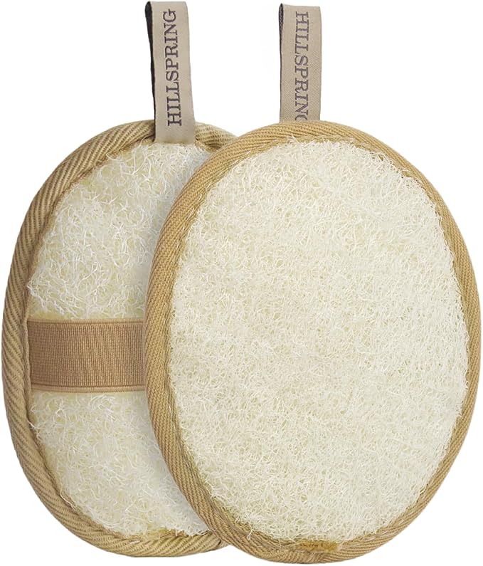 HILLSPRING Natural Loofah Pad, Exfoliating Body Scrubber, 2-Pack (Brown) | Double-Sided, Oval, Eco-Friendly, for Bath Shower SPA, Fast Drying