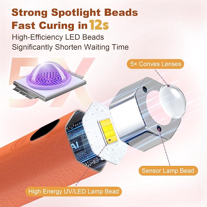 Mini Nail Lamp for Gel Nails with AI Sensor & Magnetic Stand,Rechargeable | Handheld or Handsfree,Flash Cure Nail Lamp for Gel X & Press on Nails,Gooseneck UV Light with LCD Display & 2 Timers (Orange)