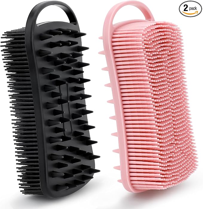 Silicone Body Scrubber, 2 in 1 Soft Silicone Loofah 2 Pack Exfoliating Body Scrubber Loofah for Women Men, Body Scrubber Shower Bath Shampoo Brush with Loop for Sensitive Skin Lather Well, Black &Pink