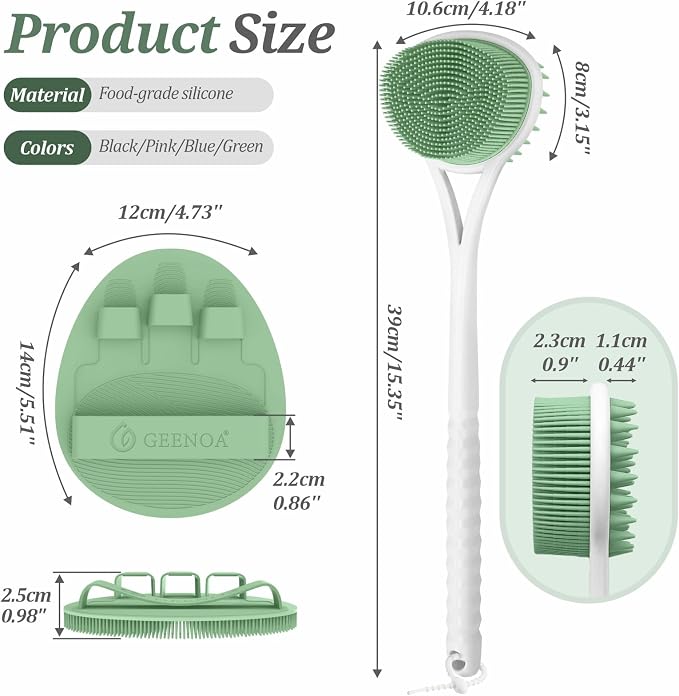 Silicone Back Scrubber & Bath Glove Set, 15.35’’ Soft Back Scrubber with Dual-Side Brush Head, 360° Anti-Slip & Enlarged Exfoliating Body Scrubber for Rich Foaming Deep Cleaning(Green)