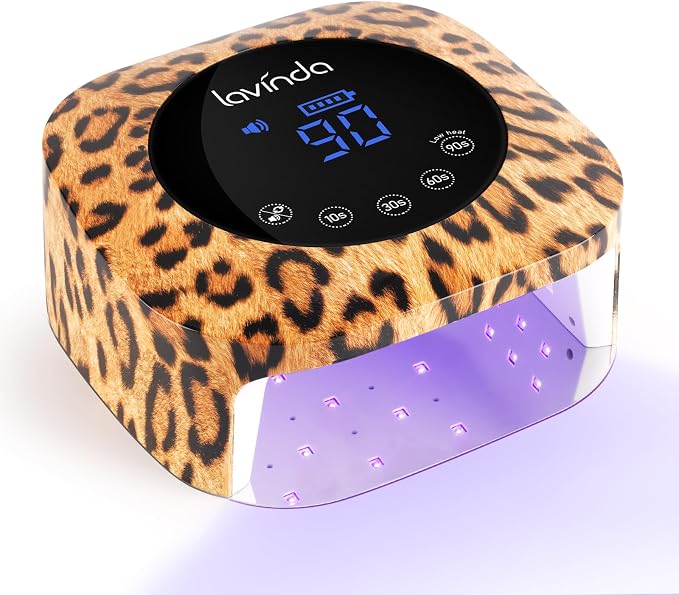 Lavinda LED Nail Lamp Cordless UV Light for Gel Nails 54W, Leopard Print | Hands-free sensor, touch controls, spacious curing area, pedicure-ready base, bold salon décor, beauty gifts