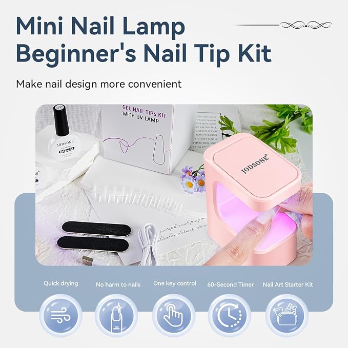 JODSONE Gel Nail Kit Short Teardrop Nail Tips 480PCS Mini Rechargeable Nail Lamp Pre Shaped Clear Full Cover Fake Nails Tips with Nail Glue & Top Coat U V LED Curing Lamp DIY Manicure Gifts for Women