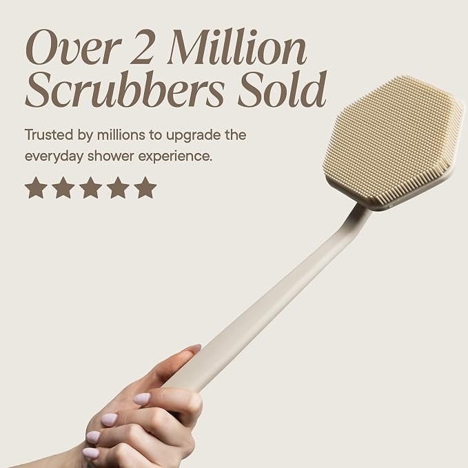 TOOLETRIES Silicone Back Scrubber for Shower with Hook - Sand | Long ergonomic bath brush with a non-slip grip for exfoliating and reaching hard-to-reach areas comfortably.