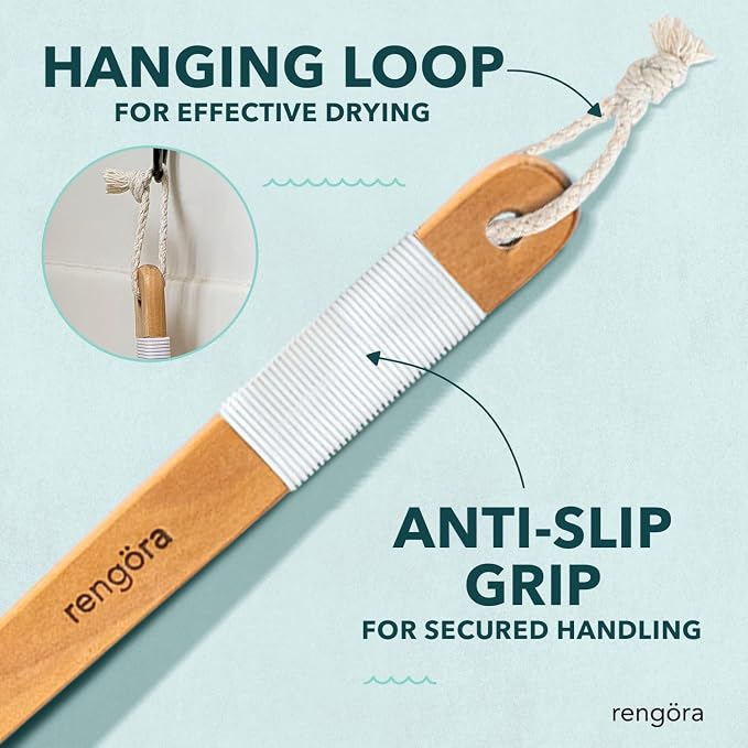 Back Scrubber for Shower - 20" Long Handle Shower Brush - Natural Bristle Back Brush – Ergonomic Handle + Silicone Anti-Slip Grip - Great Gift Idea - Men, Women + Seniors Love This (Firm Bristles)