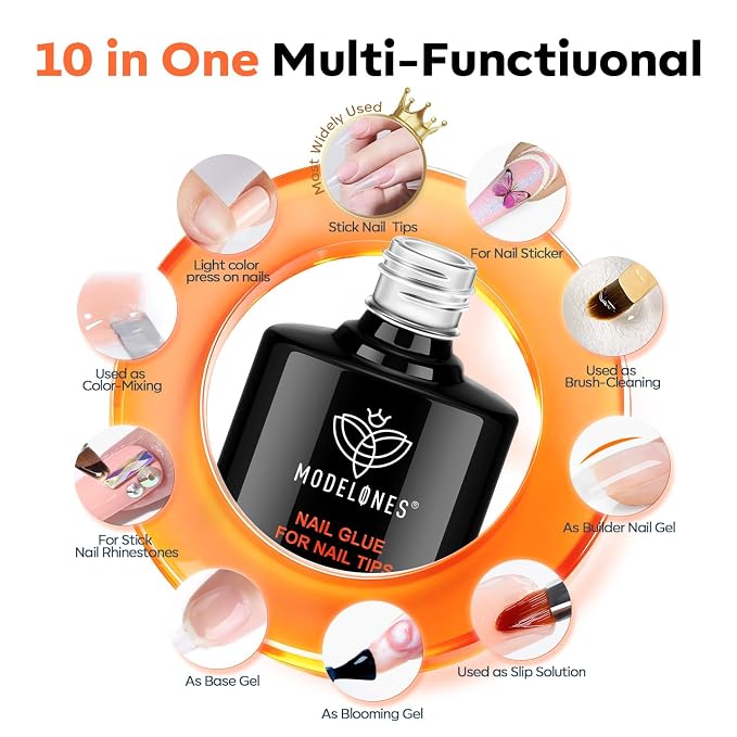 modelones 10-in-One X Nail Gel Glue with Nail Dehydrator Primer Set | Adhesive Bond for Press Ons False Tips Acrylic Rhinestones Prevent Lift Clear Multi Use Gel Polish U V Cure Soak Off Manicure