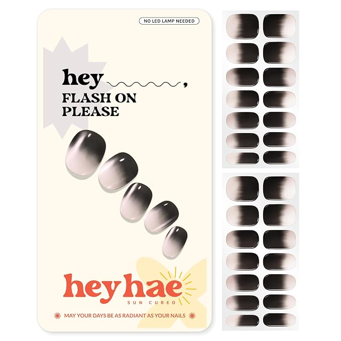 Heyhae Semi Cured Gel Nail Strips Salon Quality - Hey, Flash On Please | No UV Light Needed | Salon Quality, Easy Apply & Remove | 28 Strips, 1 Prep Pad, Nail File, Wooden Stick | Black Ombre