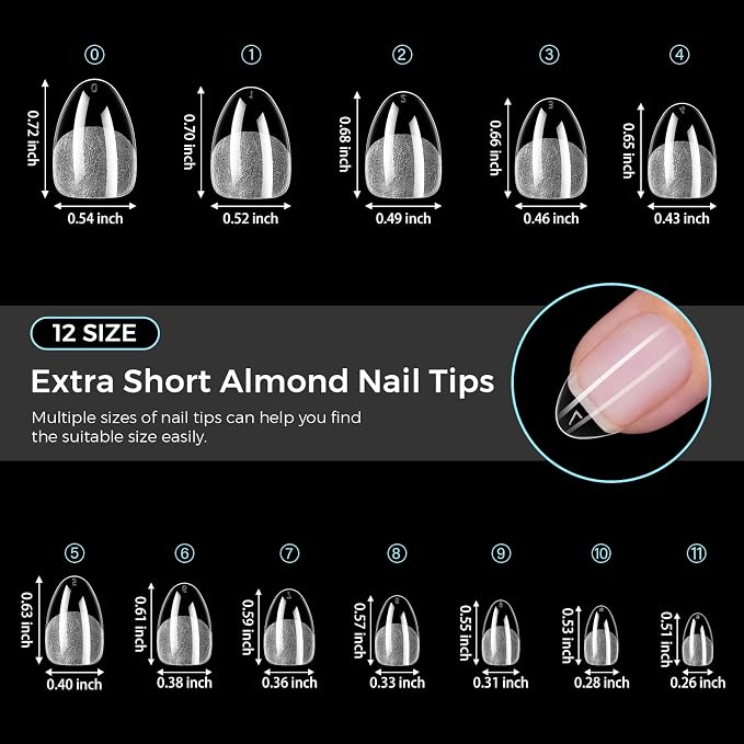 TOMICCA Extra Short Almond Nail Tips 240Pcs Pre-shaped Nail Extension for Gel Tips, 12 Sizes Acrylic Fake Press On Nails for Beginners and Professionals, Home DIY Nail Salon, Wedding