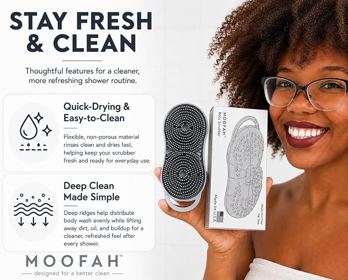 MOOFAH™ Body Scrubber- Deep Cleansing, Gentle Exfoliation for Smoother Skin, Soft-Touch Bristles, Made in USA by Chicago Comb, Easy Rinse, Quick-Dry (Shadow Grey)