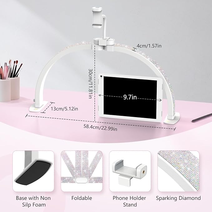 Yokilly Half Moon Light for Nail Desk: 23" Foldable Nail Light for Desk | AB Diamonds Arch Nail Tech Light with Phone Holder for Beginner - 3 Color Modes & 10 Brightness for Manicure Salon-White