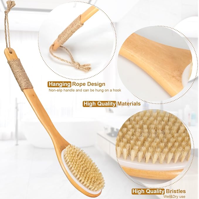 16.5 Inches Back Scrubber for Shower with Curved Long Handle,Wet&Dry Brushing Body Brush,Natural Bristles,Back Scrubber Bath Tool for Men & Women