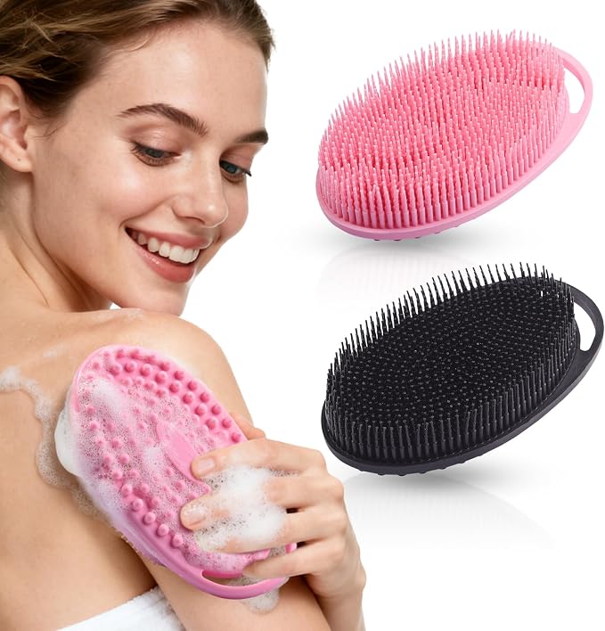 2 Pack Silicone Body Scrubber, Exfoliating Shower Scrubber for All Skin | 2 in 1 dual-sided design, soft bristles and massage bumps side, fast-drying, non-slip handle, for women and men, Black+Pink