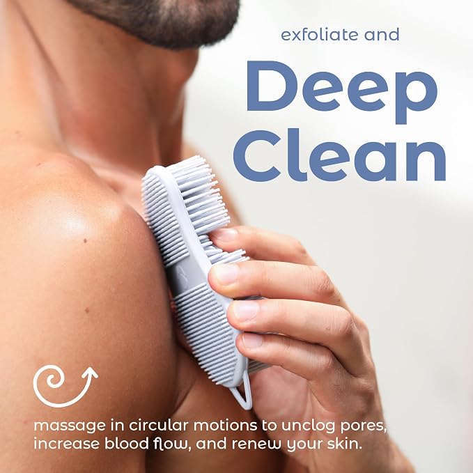 MainBasics Silicone Body Scrubber Dual-Sided, Frosted Sky, Exfoliate | Shower Exfoliator for Men & Women, Gentle Silicone Loofah Alternative for Deep Clean